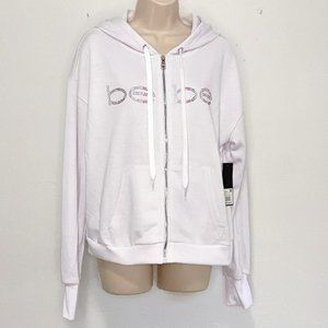 BEBE - Women's White Zipper Sweatshirt with Bling and Thumbholes - Size M